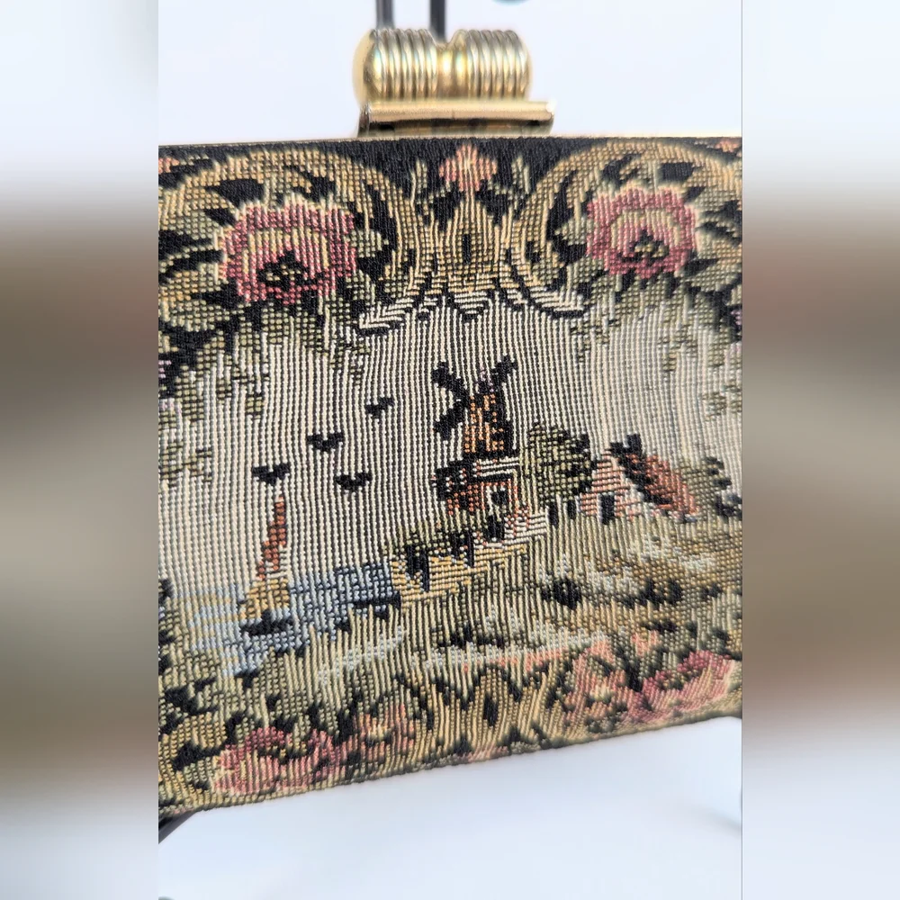 Vintage Armando del Storti Needlepoint Tapestry Clutch Italian Windmill Brass